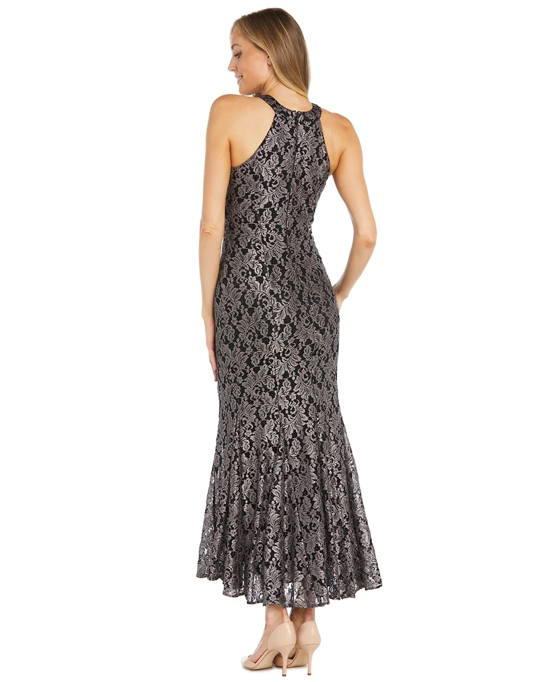 R & M Richards Petite Long Glitter Sleeveless Lace Dress
