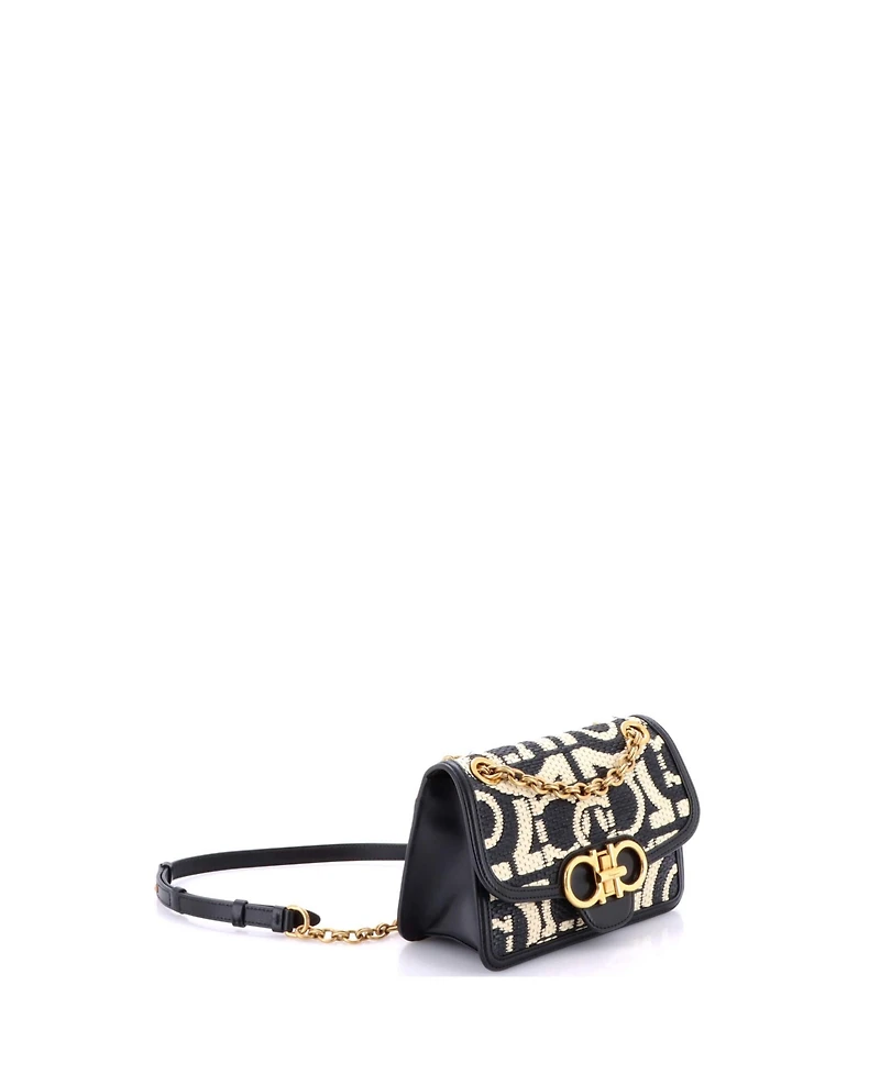 Pre-Owned Salvatore Ferragamo Small Gancini Turnlock Flap Bag Gancini Woven Raffia