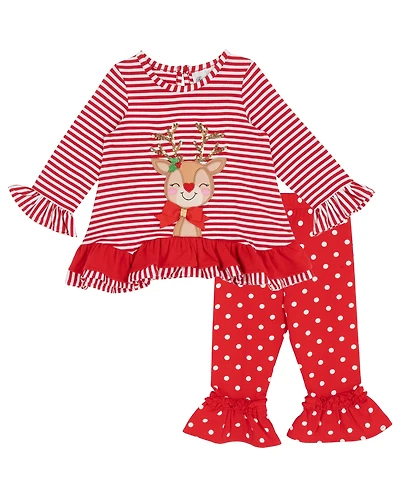 Rare Editions Baby Girl 2-Piece Reindeer Applique Top and Polka Dots Leggings Set