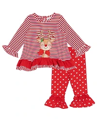 Rare Editions Baby Girl 2-Piece Reindeer Applique Top and Polka Dots Leggings Set