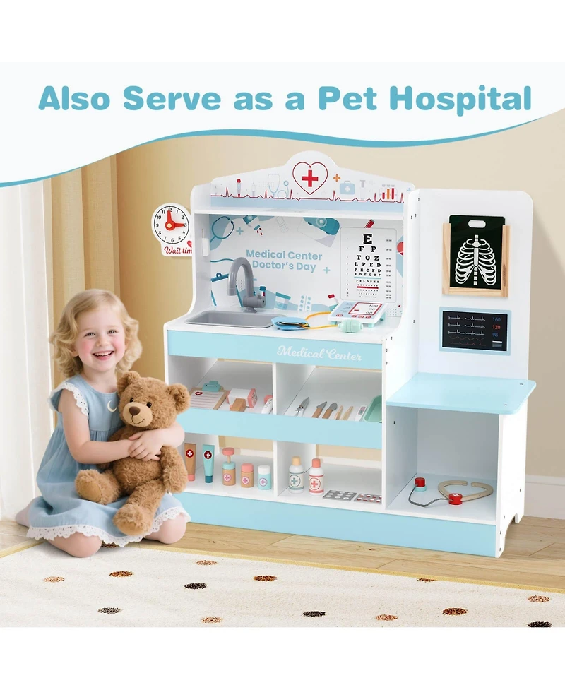 Wooden Doctor Play Set with Clock Sink Eye Chart Ecg Monitor Exam Area Storage
