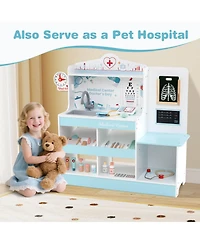 Wooden Doctor Play Set with Clock Sink Eye Chart Ecg Monitor Exam Area Storage