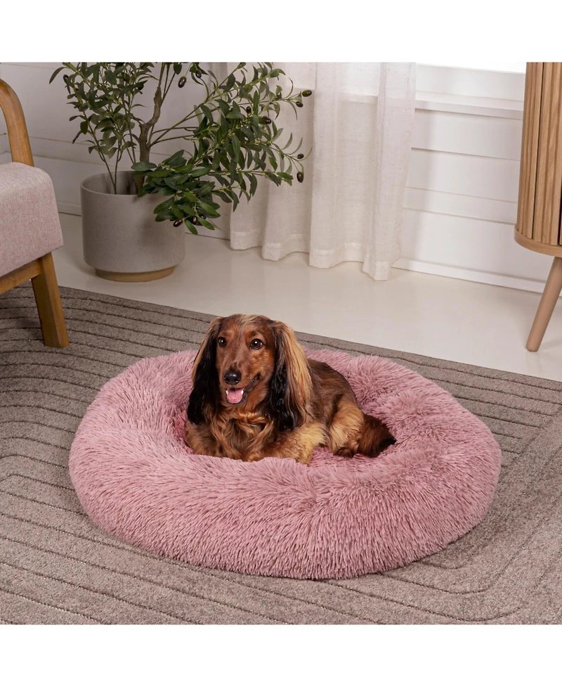 The Licker Store Maisie Bohemian Glam Faux Fur Round Fluffy Calming Donut Pet Bed with Washable Cover