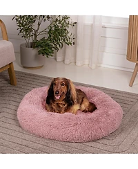 The Licker Store Maisie Bohemian Glam Faux Fur Round Fluffy Calming Donut Pet Bed with Washable Cover