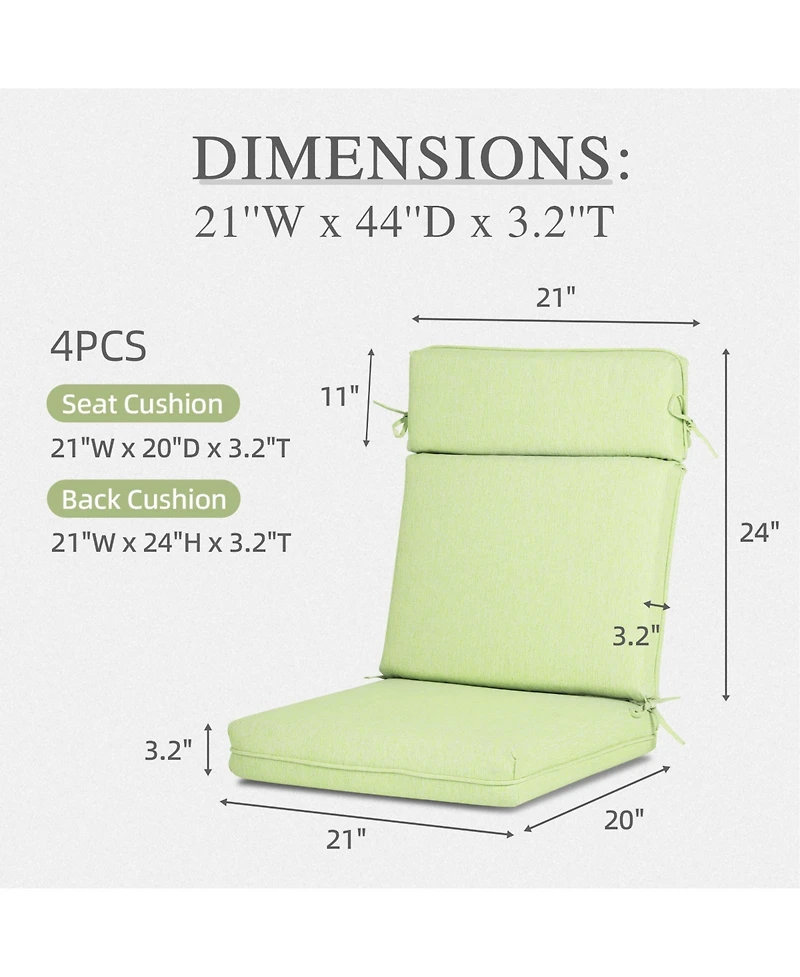 Aoodor Outdoor High Back Dining Chair Cushion with Ties and Zipper, 44"x21"x3.2