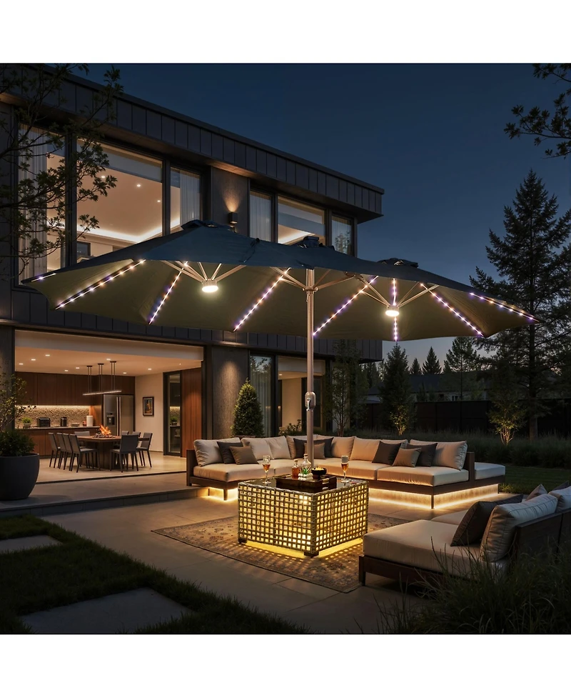 Xizzi 15ft Solar Umbrella Smart Led Lighted Patio Umbrella,12 Heavy Duty Ribs Large Outdoor Double Sided Rectangle with Light Modes and Base