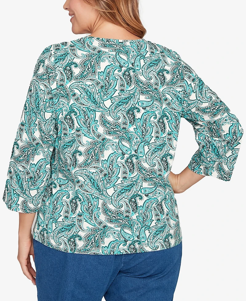 Hearts Of Palm Plus Printed 3/4 Sleeve Surplice Neck Top