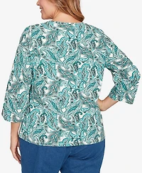 Hearts Of Palm Plus Printed 3/4 Sleeve Surplice Neck Top