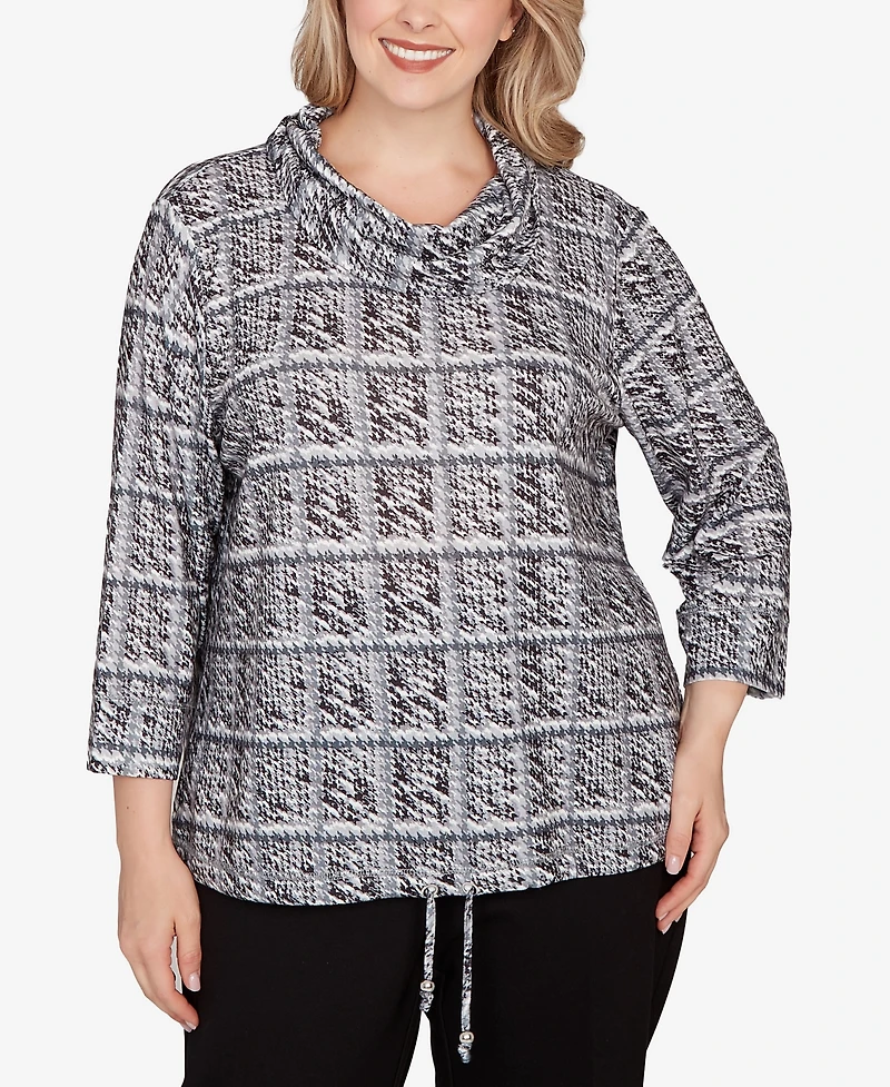 Hearts Of Palm Plus Printed 3/4 Sleeve Cowl Neck Blouson Top