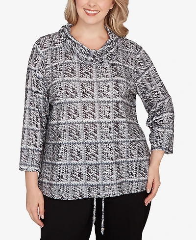 Hearts Of Palm Plus Printed 3/4 Sleeve Cowl Neck Blouson Top