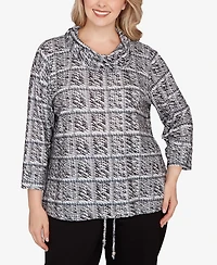 Hearts Of Palm Plus Printed 3/4 Sleeve Cowl Neck Blouson Top