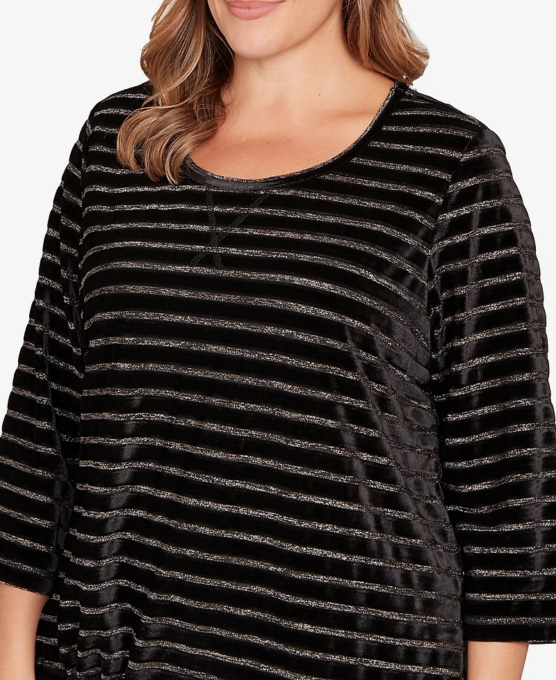 Hearts Of Palm Plus Long Sleeve Metallic Stripe Blouson Top