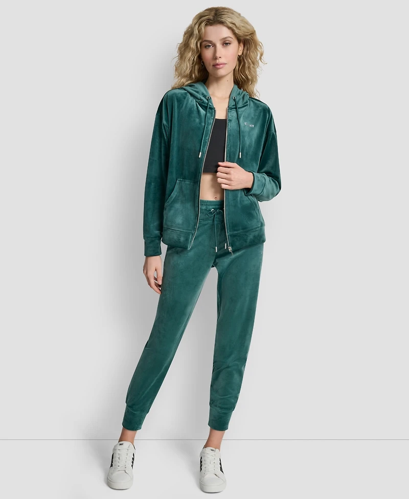 Dkny Women's Platinum Velour Rhinestone Logo Full-Zip Hoodie