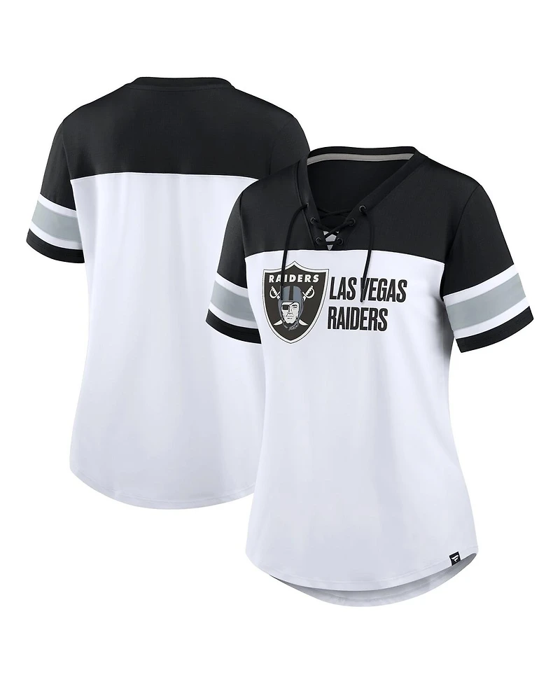 Fanatics Women's White/Black Las Vegas Raiders Athena Lace-Up V-Neck T-Shirt