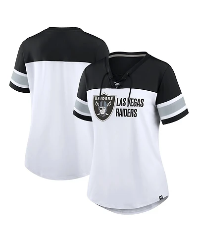 Fanatics Women's White/Black Las Vegas Raiders Athena Lace-Up V-Neck T-Shirt
