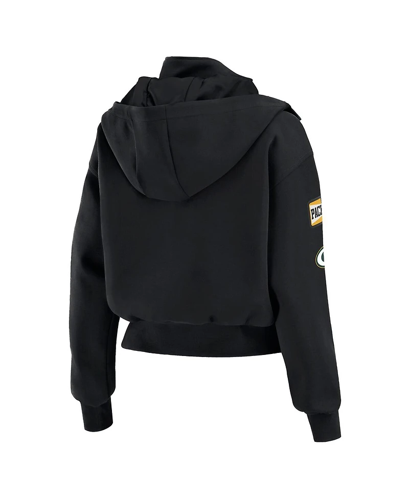 Wear by Erin Andrews Women's Black Green Bay Packers Patch Pocket Cropped Full-Zip Bomber Jacket