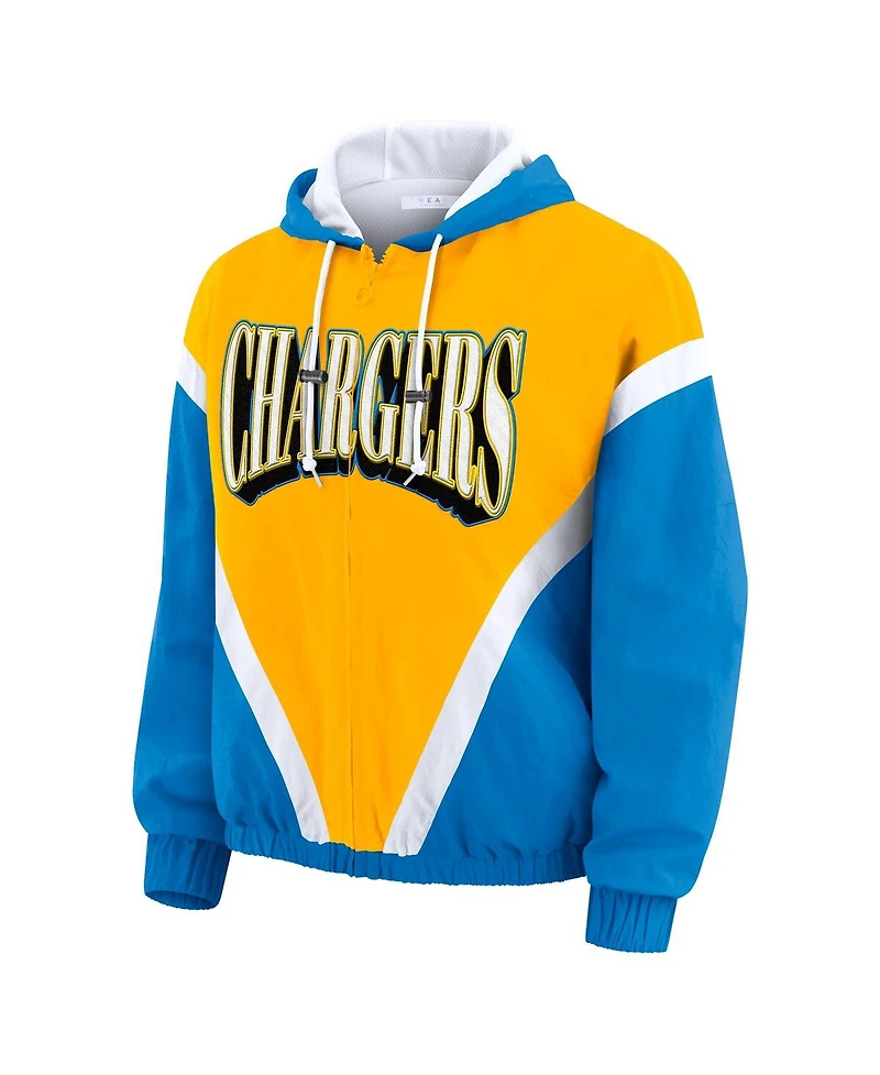 Wear by Erin Andrews Women's Gold/Powder Blue Los Angeles Chargers Retro Crinkle Full-Zip Hoodie Windbreaker Jacket