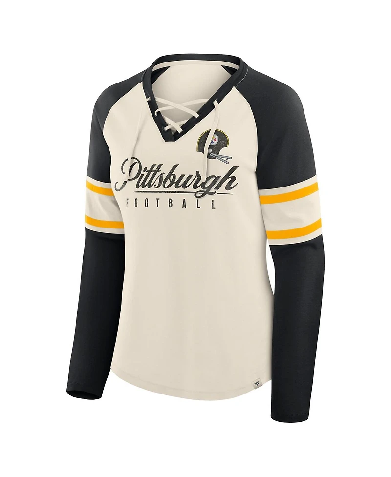 Fanatics Women's Cream/Black Pittsburgh Steelers Hometown Gridiron Hero Raglan Lace-Up V-Neck Long Sleeve T-Shirt