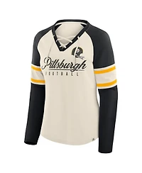 Fanatics Women's Cream/Black Pittsburgh Steelers Hometown Gridiron Hero Raglan Lace-Up V-Neck Long Sleeve T-Shirt