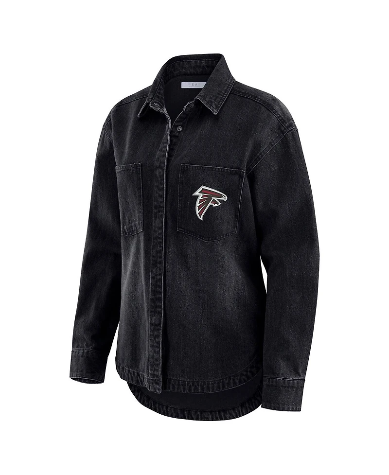 Wear by Erin Andrews Women's Black Atlanta Falcons Washed Oversized Denim Full-Snap Shacket