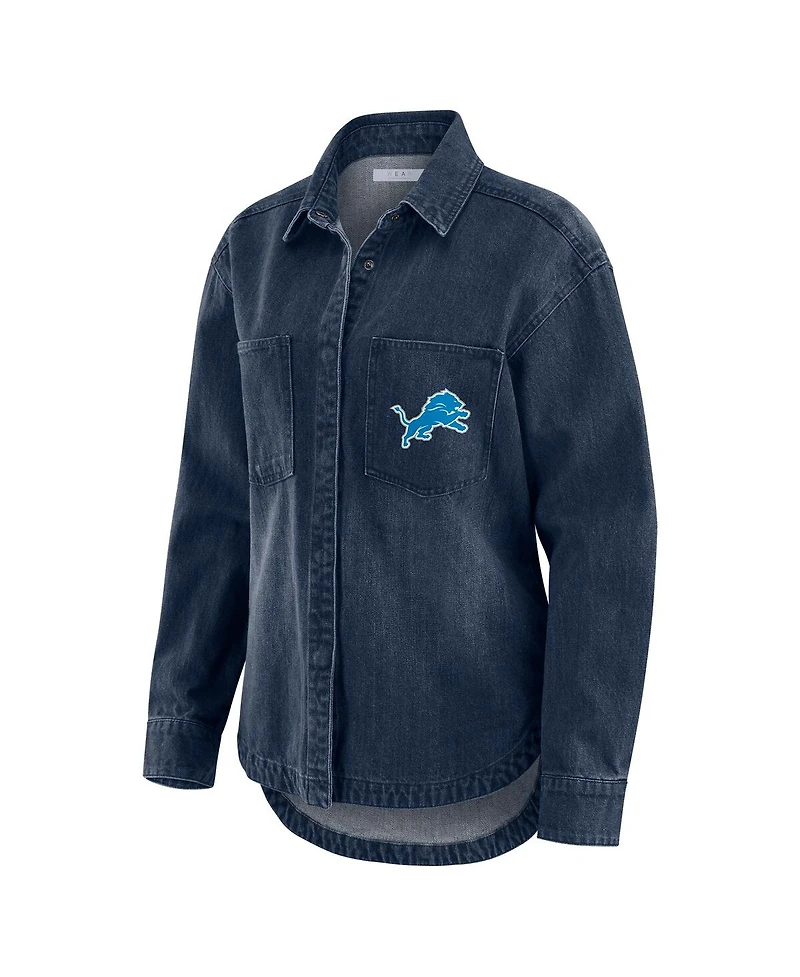 Wear by Erin Andrews Women's Denim Detroit Lions Washed Oversized Full-Snap Shacket