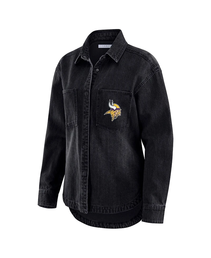 Wear by Erin Andrews Women's Black Minnesota Vikings Washed Oversized Denim Full-Snap Shacket