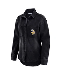 Wear by Erin Andrews Women's Black Minnesota Vikings Washed Oversized Denim Full-Snap Shacket