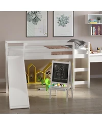 Gymax Twin Size Loft Bed with Slide Wood Low Sturdy Loft Bed Bedroom