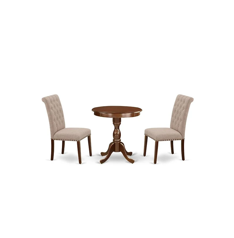 East West Furniture 3-Pc Dining Room Table Set - 2 Upholstered Dining Chairs and 1 Dining Room Table (Mahogany Finish)