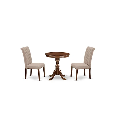 East West Furniture 3-Pc Dining Room Table Set - 2 Upholstered Dining Chairs and 1 Dining Room Table (Mahogany Finish)