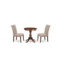 East West Furniture 3-Pc Dining Room Table Set - 2 Upholstered Dining Chairs and 1 Dining Room Table (Mahogany Finish)