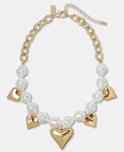 I.n.c. International Concepts Heart Charm Imitation Pearl Beaded Statement Necklace, 16" + 3" extender, Macy's Exclusive