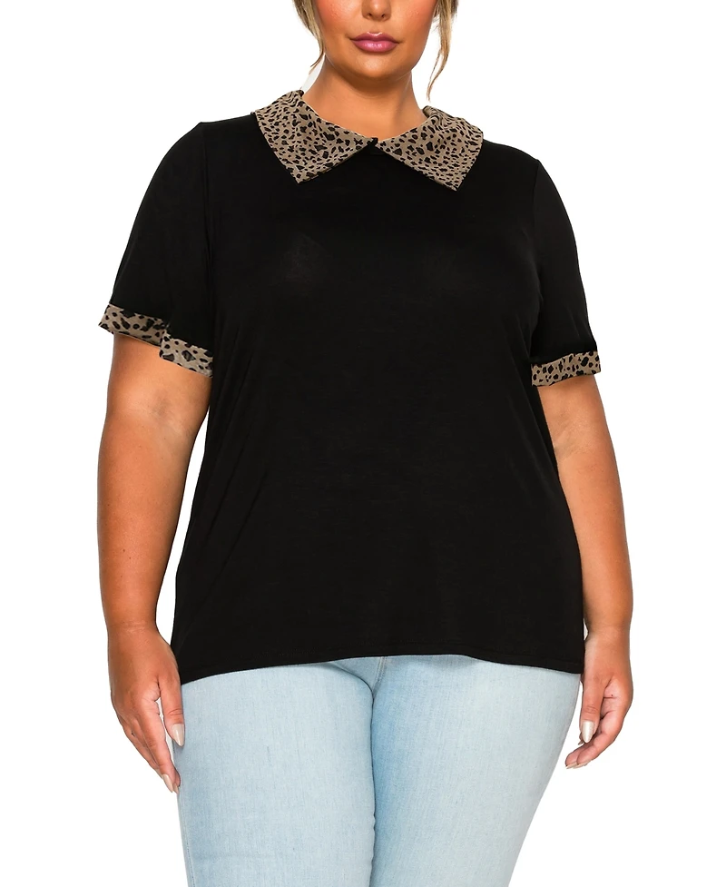 Coin 1804 Plus Pebble Mesh Collar Keyhole Back Short Sleeve Top