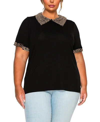 Coin 1804 Plus Pebble Mesh Collar Keyhole Back Short Sleeve Top