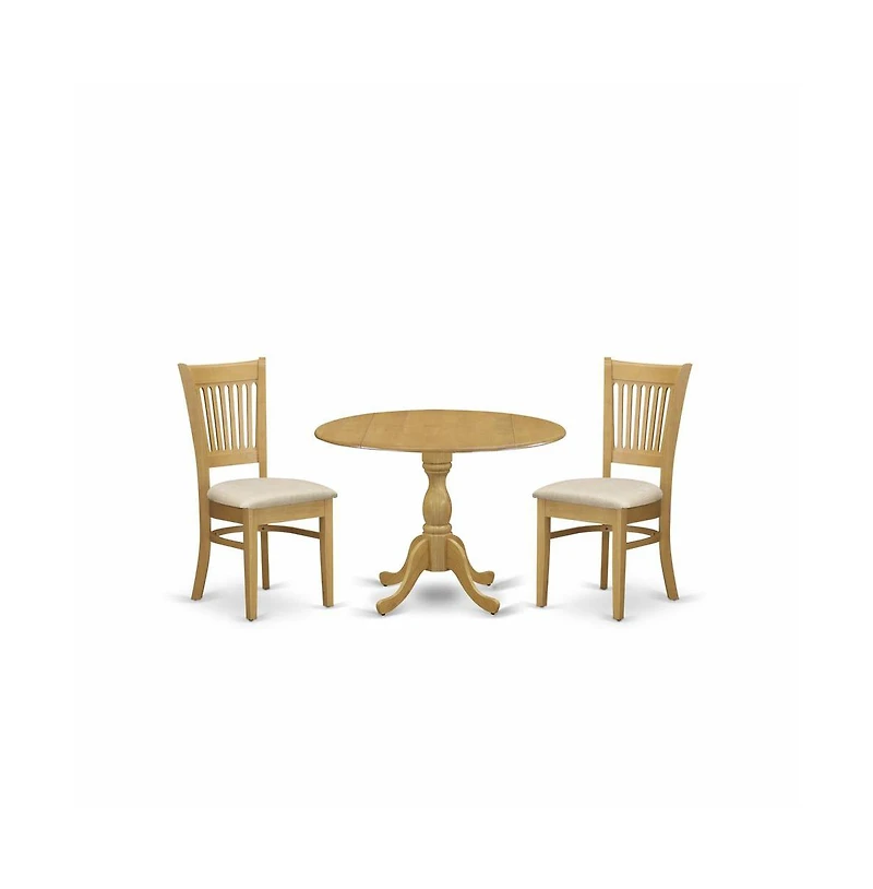 East West Furniture 3 Piece Kitchen Dining Table Set - Oak Breakfast Table and 2 Oak Linen Fabric Dining Chairs with Slatted Back - Oak Finish