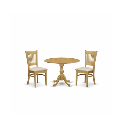 East West Furniture 3 Piece Kitchen Dining Table Set - Oak Breakfast Table and 2 Oak Linen Fabric Dining Chairs with Slatted Back - Oak Finish