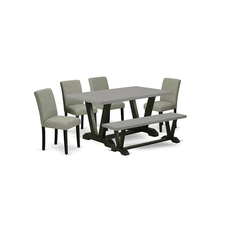 East West Furniture 6-Pc Kitchen Table Set - 4 Parson Chairs, a Wooden Bench Cement Top and 1 Modern Cement Dining Table Top with High Chair Back