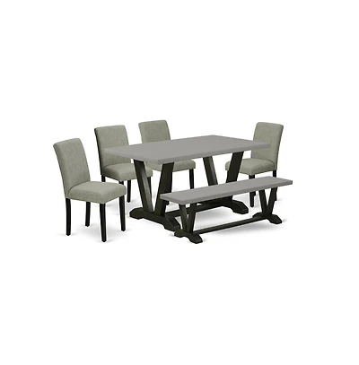 East West Furniture 6-Pc Kitchen Table Set - 4 Parson Chairs, a Wooden Bench Cement Top and 1 Modern Cement Dining Table Top with High Chair Back