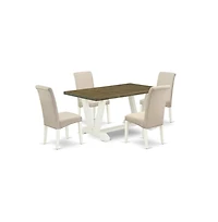 East West Furniture 5-Piece Gorgeous Dinette Set a Good Distressed Jacobean Kitchen Rectangular Table Top and 4 Attractive Linen Fabric Parson Chairs