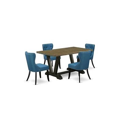 East West Furniture 5-Pc Dining Room Set- 4 Dining Room Chairs with Blue Linen Fabric Seat and Button Tufted Chair Back
