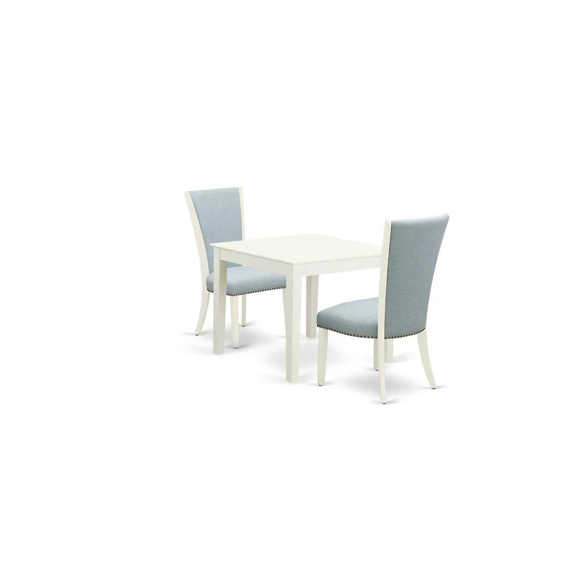 East West Furniture modern dining table set of 2 excellent indoor dining chairs with Linen Fabric Baby Blue color and a gorgeous Square wooden table