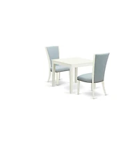 East West Furniture modern dining table set of 2 excellent indoor dining chairs with Linen Fabric Baby Blue color and a gorgeous Square wooden table