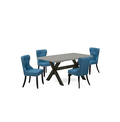 East West Furniture 5-Pc Dinette Room Set- 4 Kitchen Parson Chairs with Blue Linen Fabric Seat and Button Tufted Chair Back