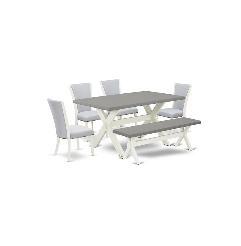 East West Furniture 6 Piece Dining Table Set - 4 Grey Linen Fabric Dining Room Chair with Nailheads and Cement Kitchen Table - 1 Small Bench