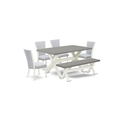 East West Furniture 6 Piece Dining Table Set - 4 Grey Linen Fabric Dining Room Chair with Nailheads and Cement Kitchen Table - 1 Small Bench