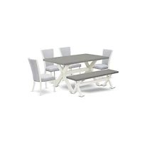 East West Furniture 6 Piece Dining Table Set - 4 Grey Linen Fabric Dining Room Chair with Nailheads and Cement Kitchen Table - 1 Small Bench