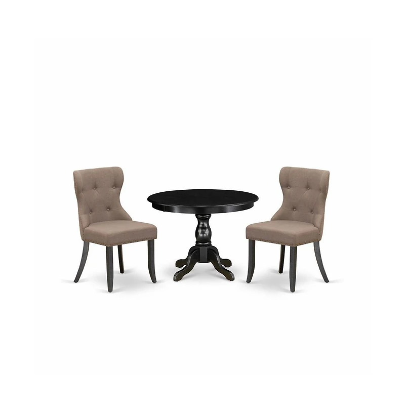 East West Furniture 3 Piece Dining Table Set - Black Wood Dining Table and 2 Coffee Linen Fabric Kitchen Chairs Button Tufted Back with Nail Heads