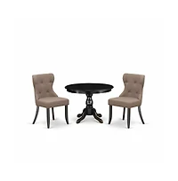 East West Furniture 3 Piece Dining Table Set - Black Wood Dining Table and 2 Coffee Linen Fabric Kitchen Chairs Button Tufted Back with Nail Heads