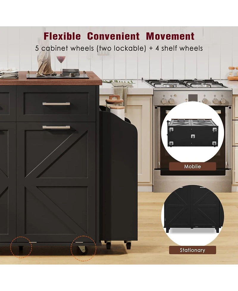 Maison Boucle 35.8" White Farmhouse Kitchen Island with Drop Leaf, Hidden Trash Bin, Removable Side Rack, Storage Drawers & Locking Wheels-Maison Bouc