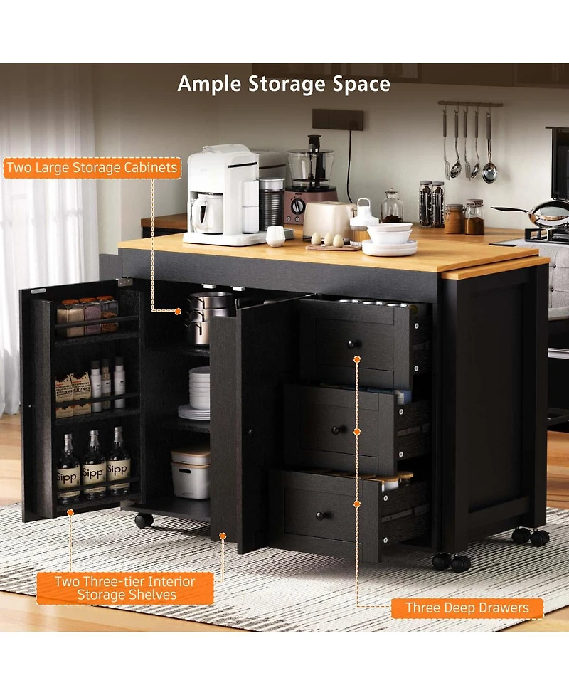 Maison Boucle 74.8" Expandable Kitchen Island with Slide-Out Table, Drawers & Usb Outlet-Maison